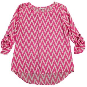Adrienne Pink White Chevron Roll Tab Sleeve High Low Blouse Medium